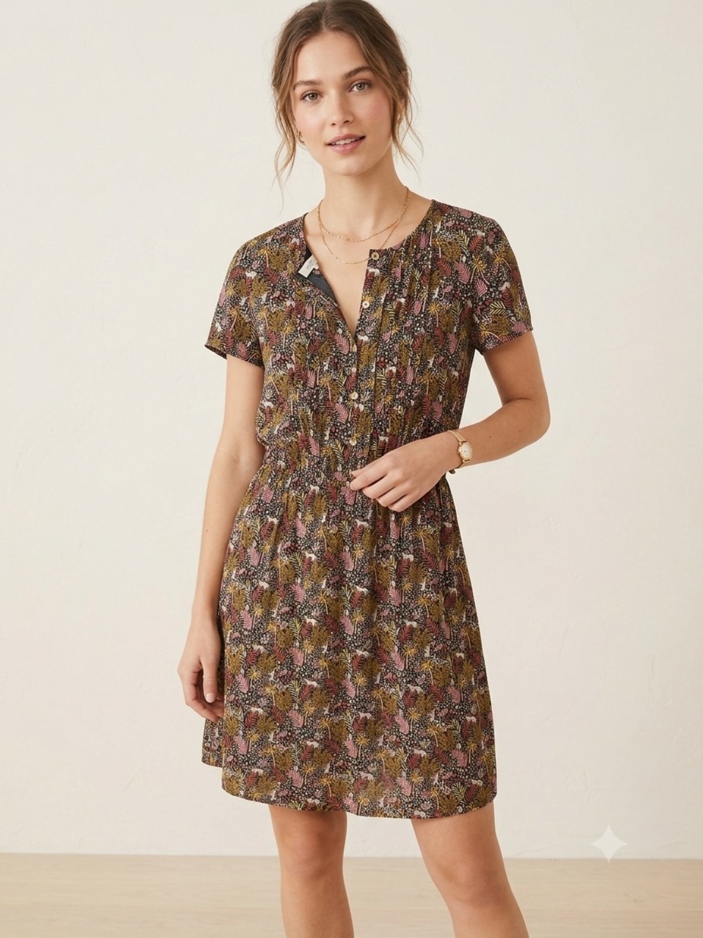 Loft Floral Short Sleeve Smocked-Waist Dress - Brown & Pink